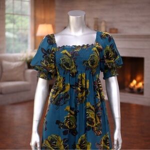 Betsey Johnson Teal Floral Velvet Tunic Top Babydoll Dress